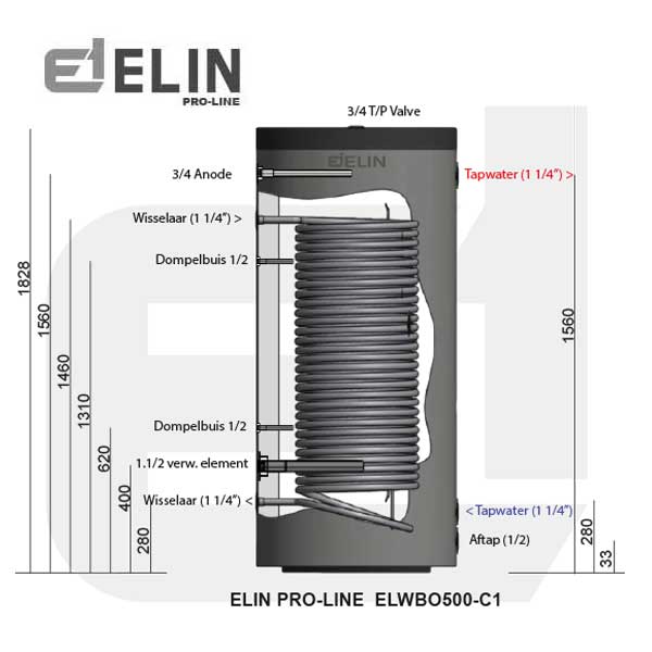 ELIN-PRO-LINE-ELWBO500-C1-RVS-Boiler-maten afmeting ELIN Pro-line rvs boiler 500L